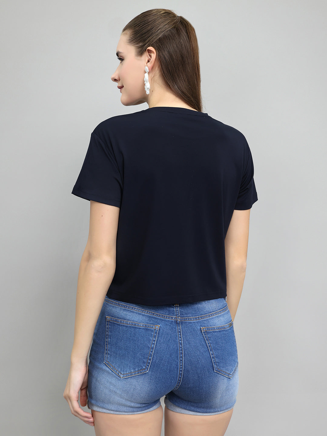Women Navy Blue Typographic Round Neck Half Sleeve Top