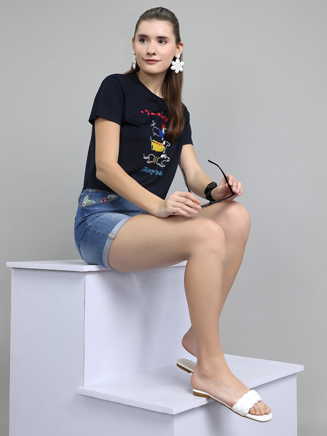Women Navy Blue Typographic Round Neck Half Sleeve Top