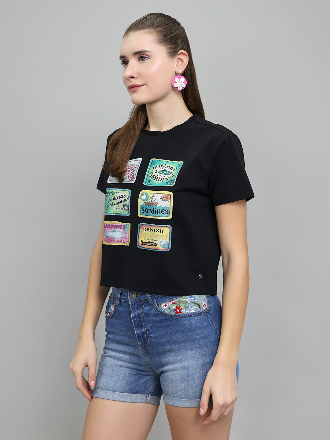 Women Black Printed Round Neck Half Sleeve Top