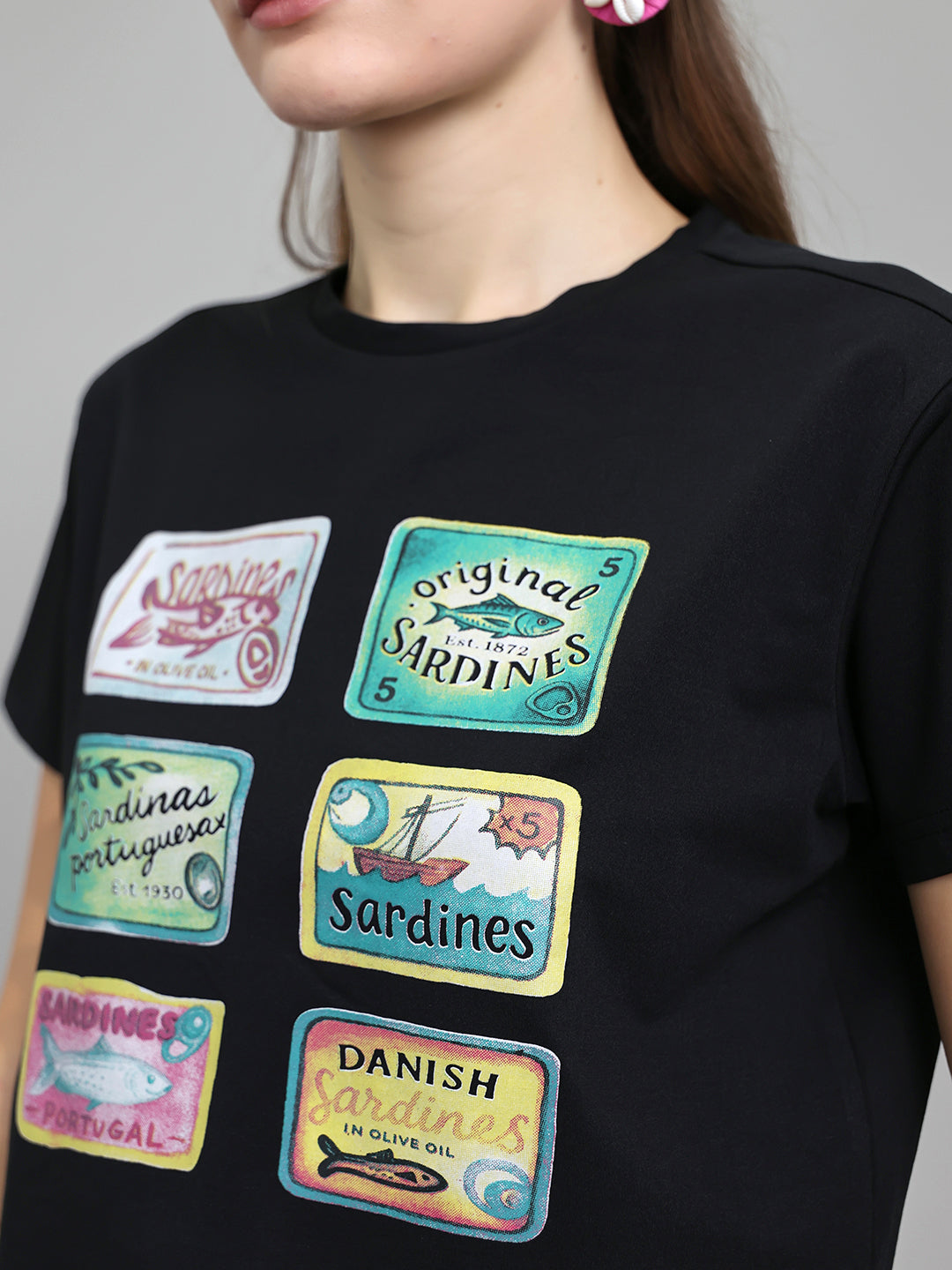 Women Black Printed Round Neck Half Sleeve Top