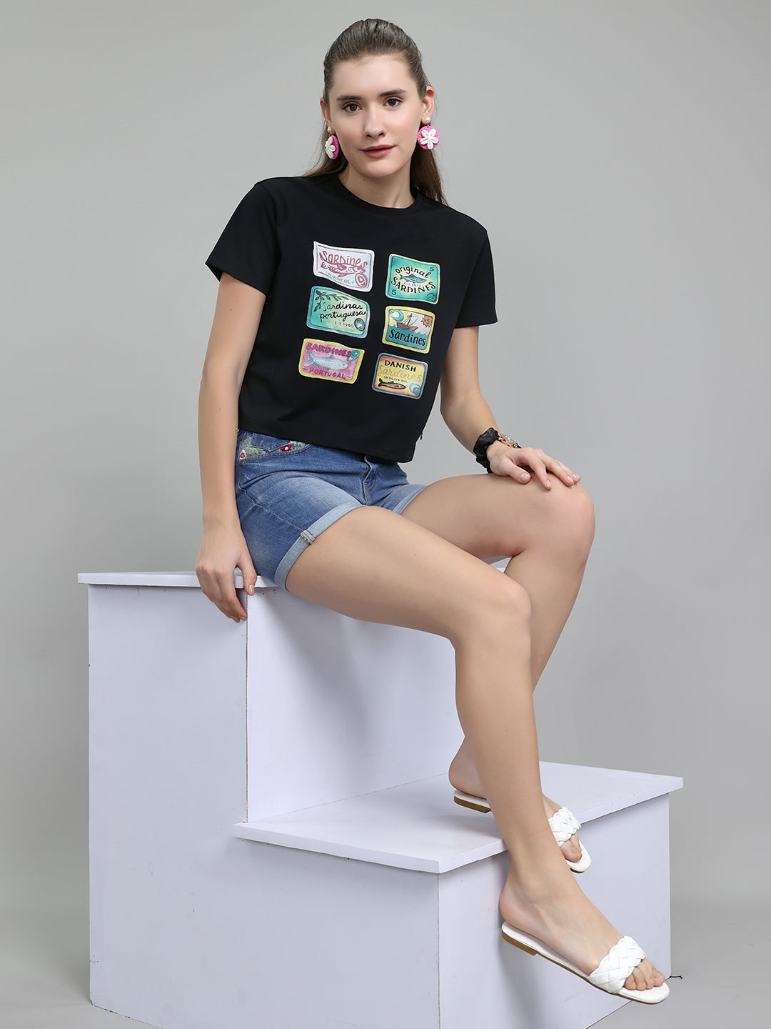 Women Black Printed Round Neck Half Sleeve Top