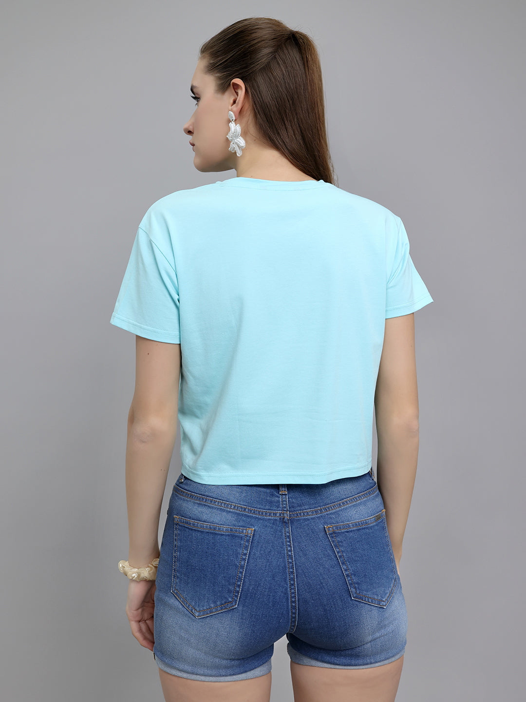 Women Aqua Blue Printed Round Neck Half Sleeve Top