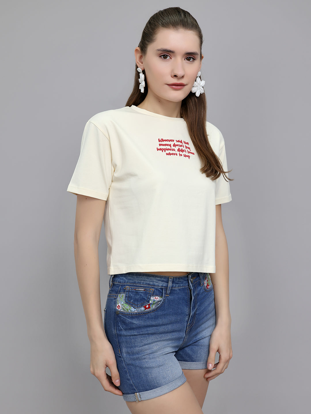 Women Cream Printed Round Neck Half Sleeve Top