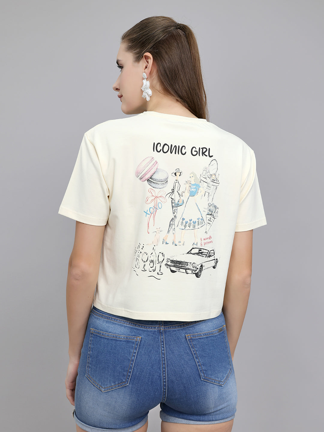 Women Cream Printed Round Neck Half Sleeve Top