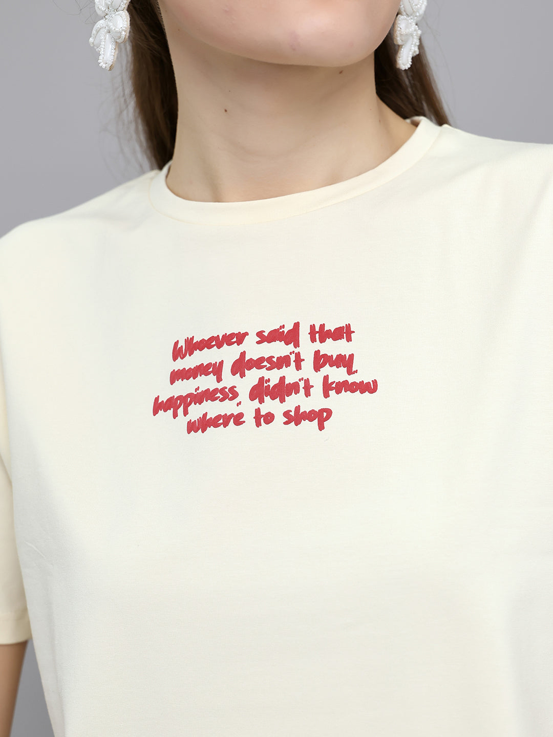 Women Cream Printed Round Neck Half Sleeve Top