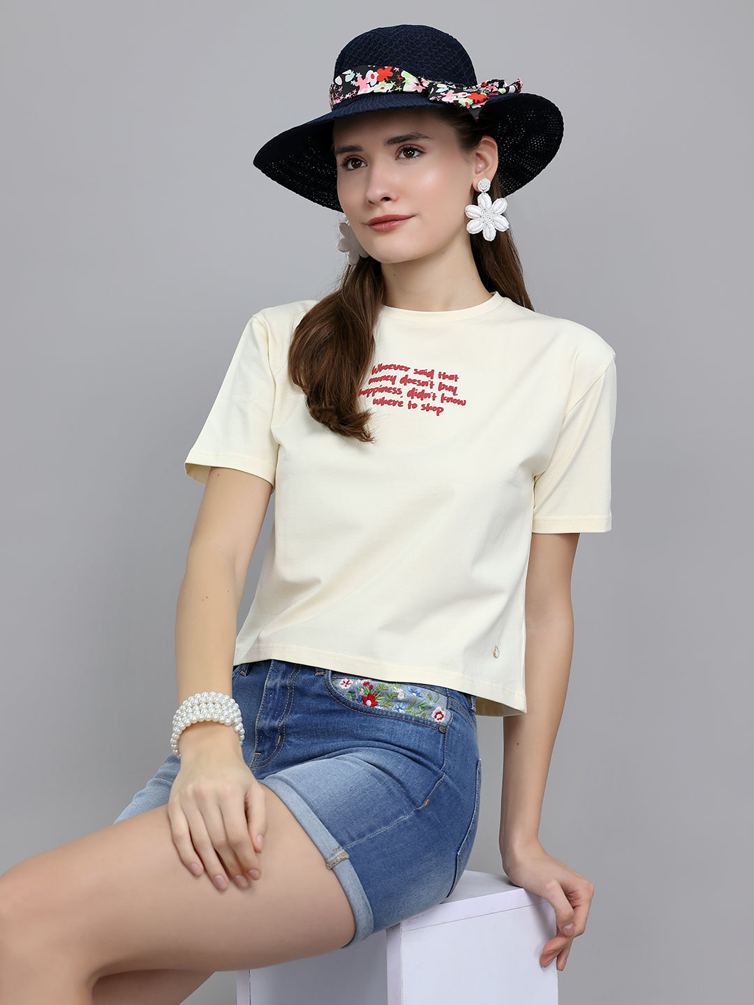 Women Cream Printed Round Neck Half Sleeve Top