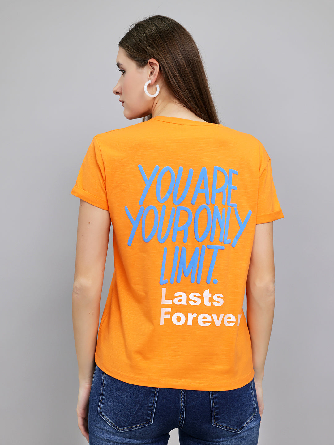 Women Orange Printed Round Neck Half Sleeve Top