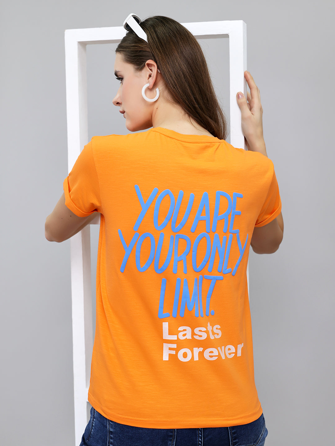 Women Orange Printed Round Neck Half Sleeve Top