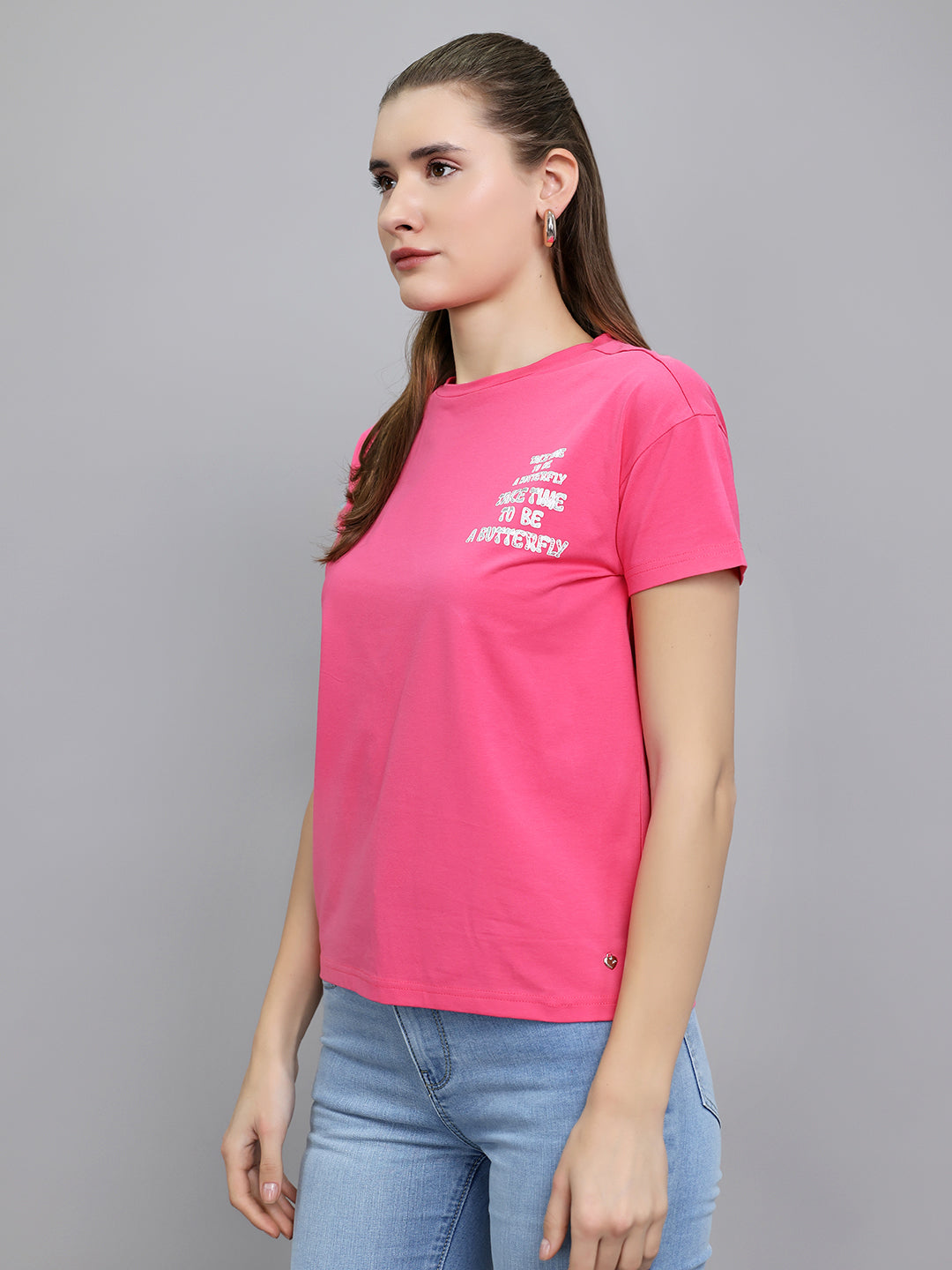 Women Magenta Printed Round Neck Half Sleeve Top