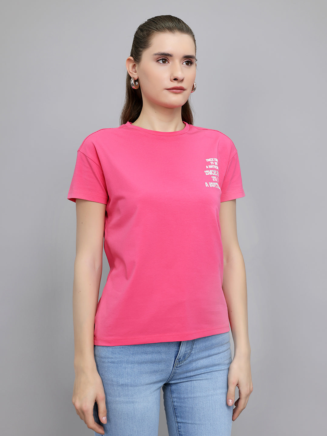 Women Magenta Printed Round Neck Half Sleeve Top