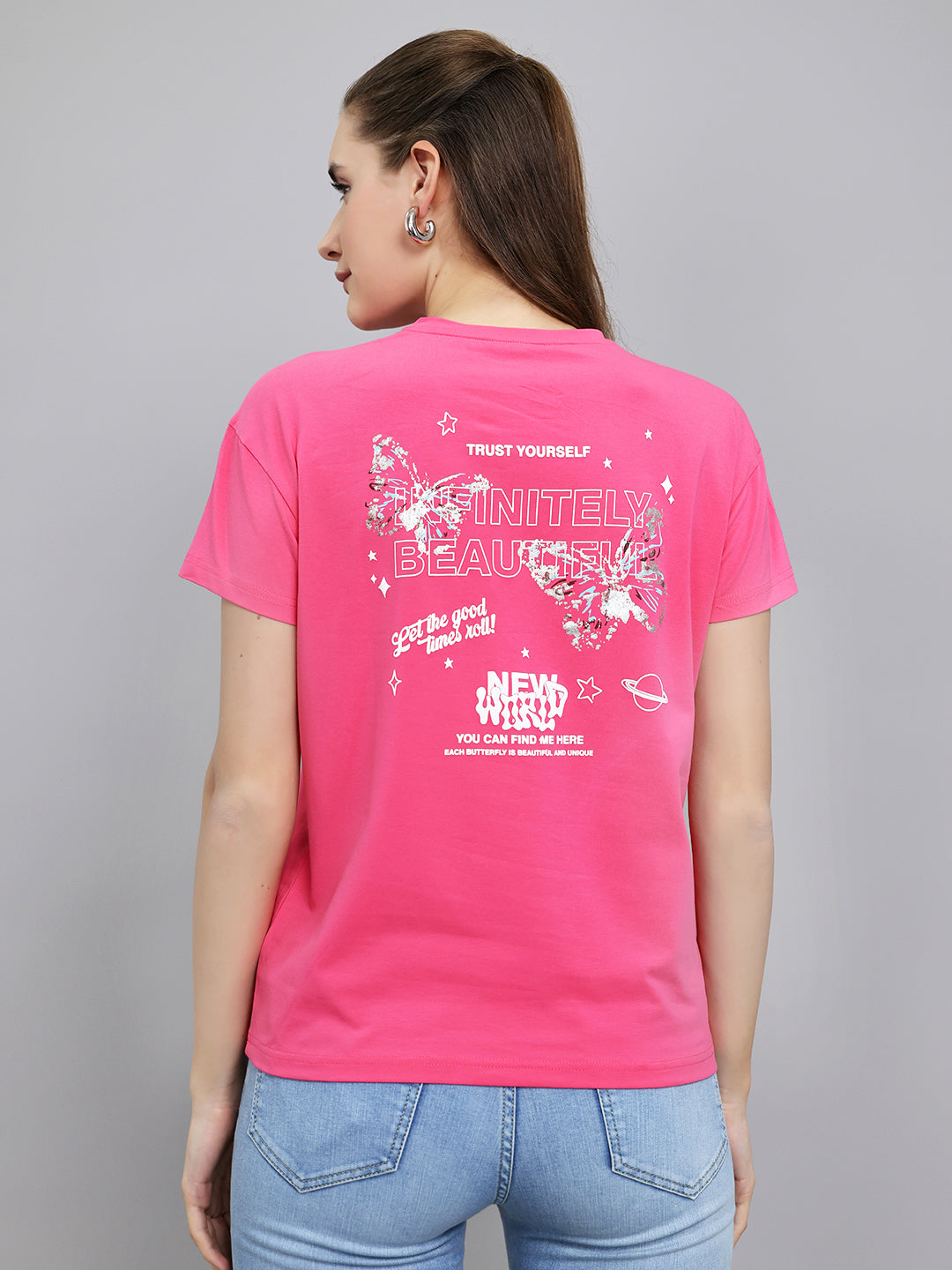 Women Magenta Printed Round Neck Half Sleeve Top