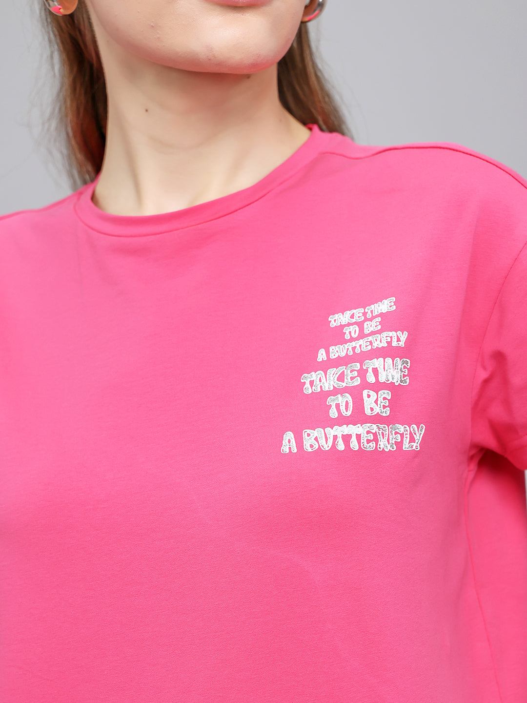 Women Magenta Printed Round Neck Half Sleeve Top