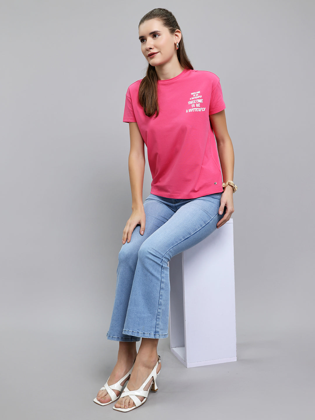 Women Magenta Printed Round Neck Half Sleeve Top