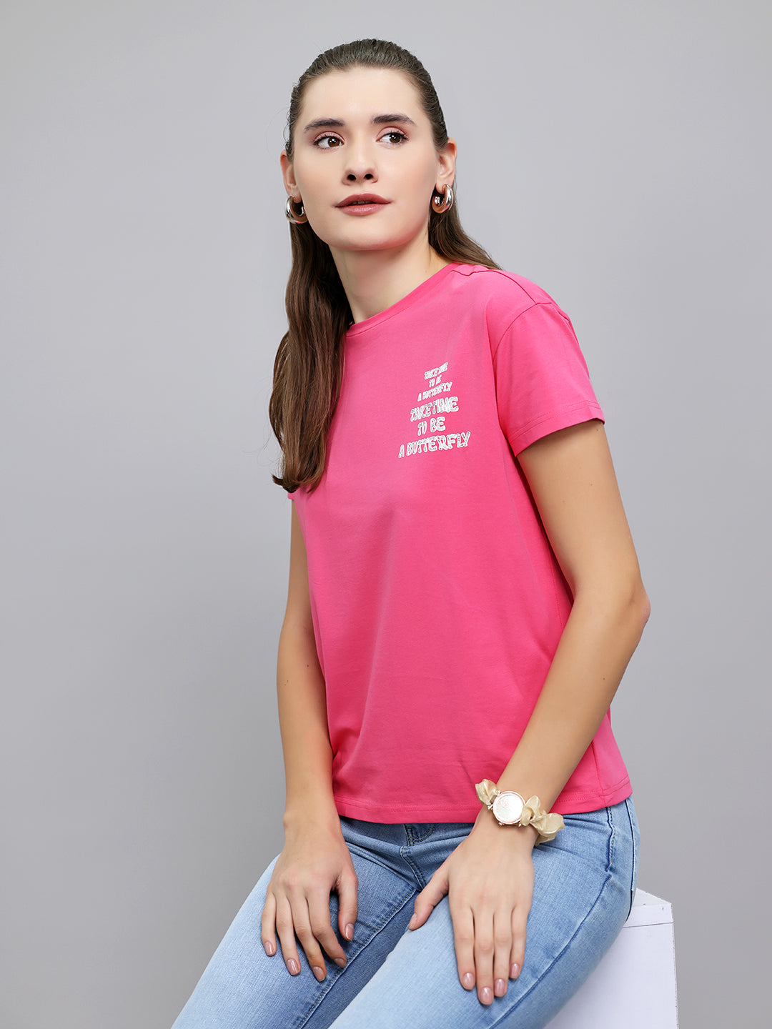 Women Magenta Printed Round Neck Half Sleeve Top