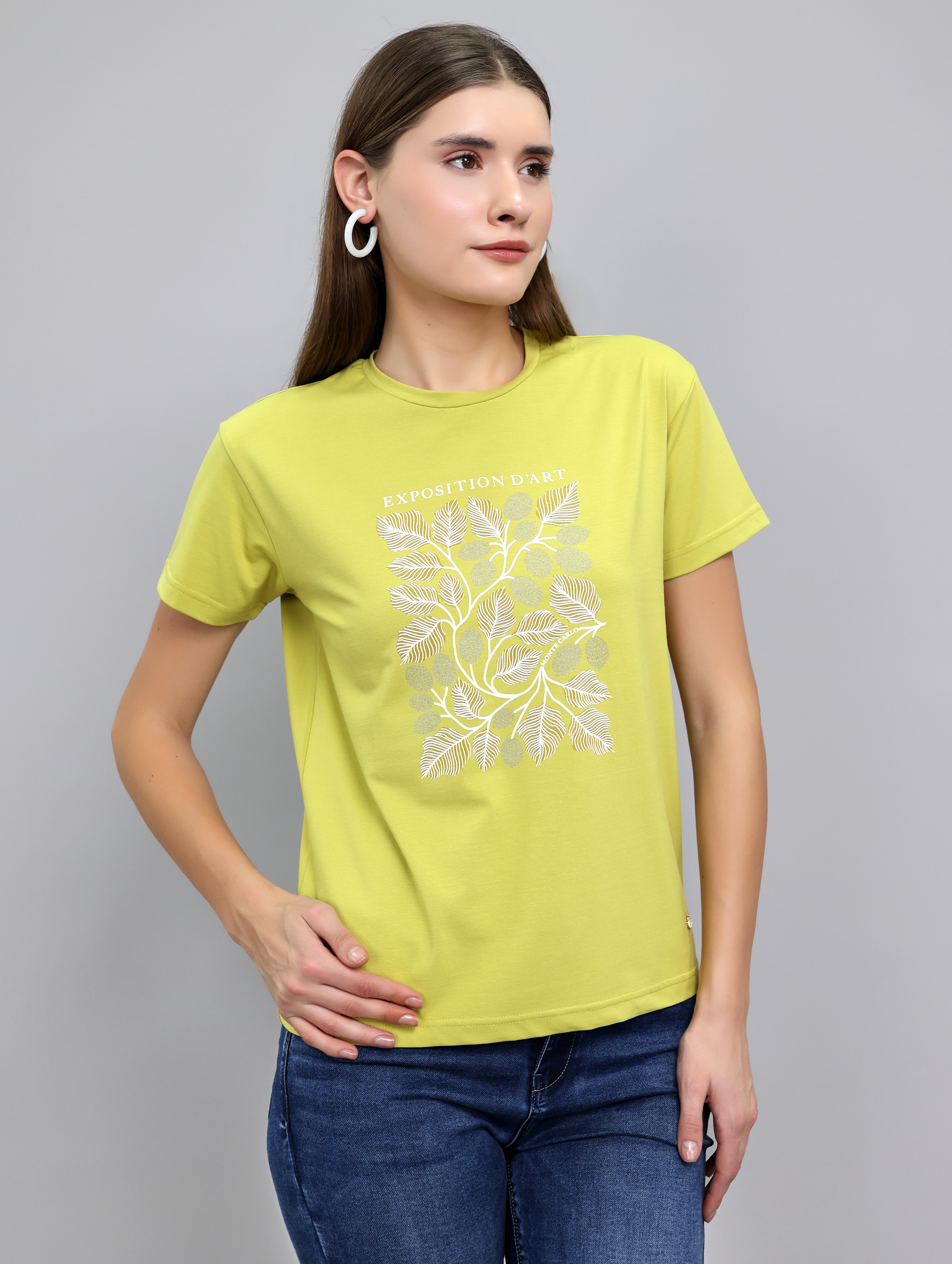 Women Light Green Printed Round Neck Half Sleeve Top