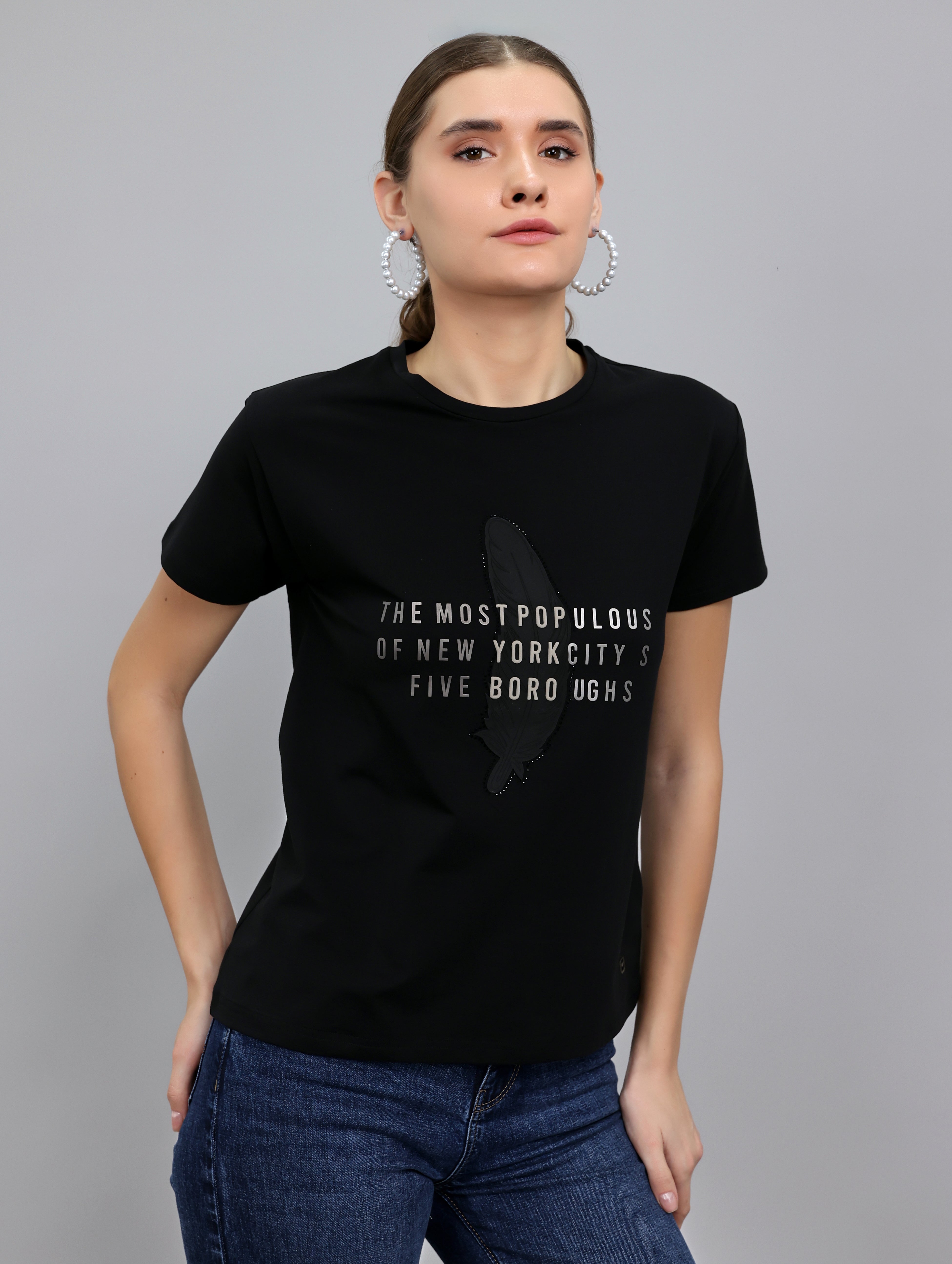 Women Black Typographic Round Neck Half Sleeve Top
