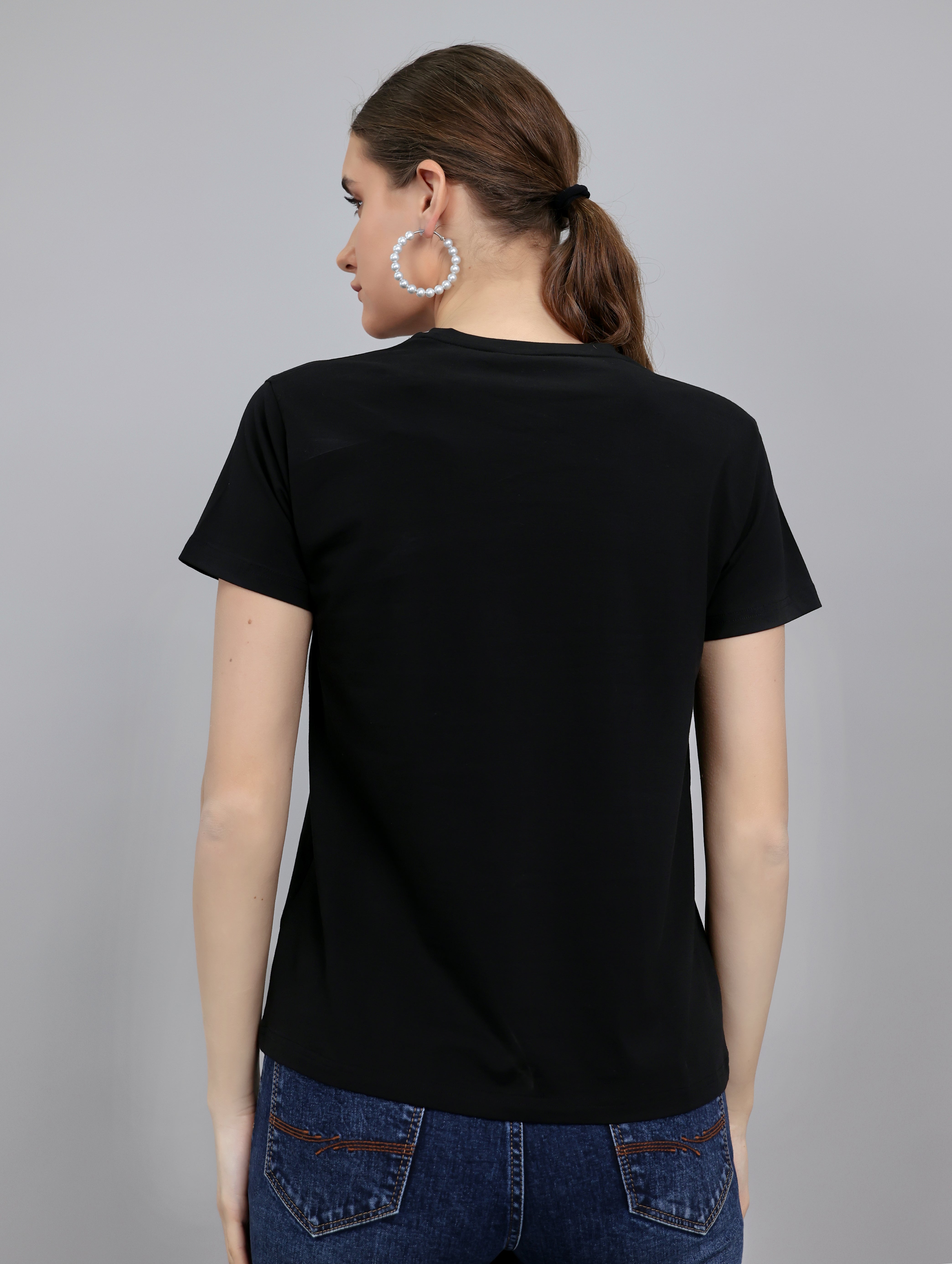 Women Black Typographic Round Neck Half Sleeve Top