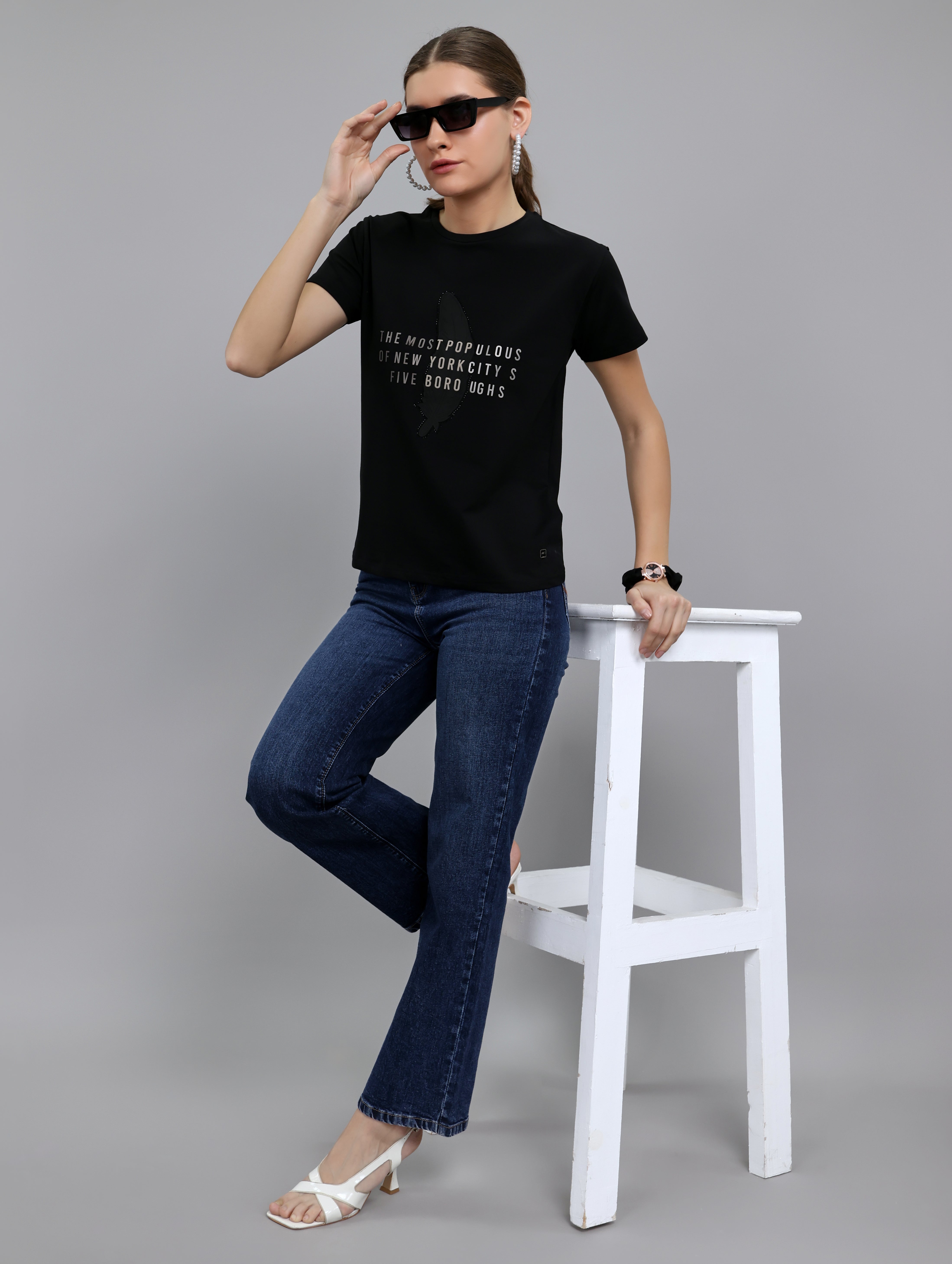 Women Black Typographic Round Neck Half Sleeve Top