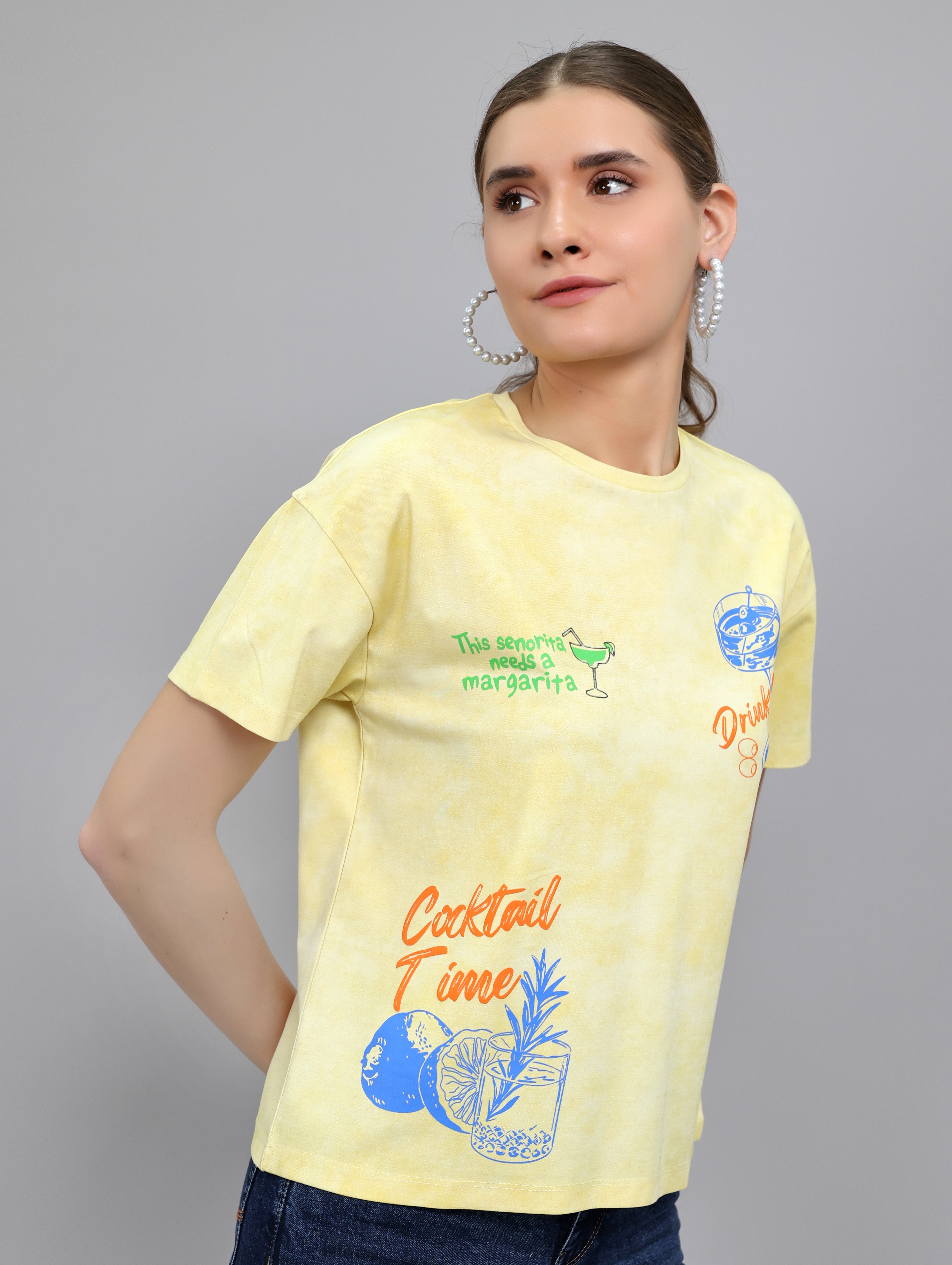 Women Yellow Printed Round Neck Half Sleeve Top