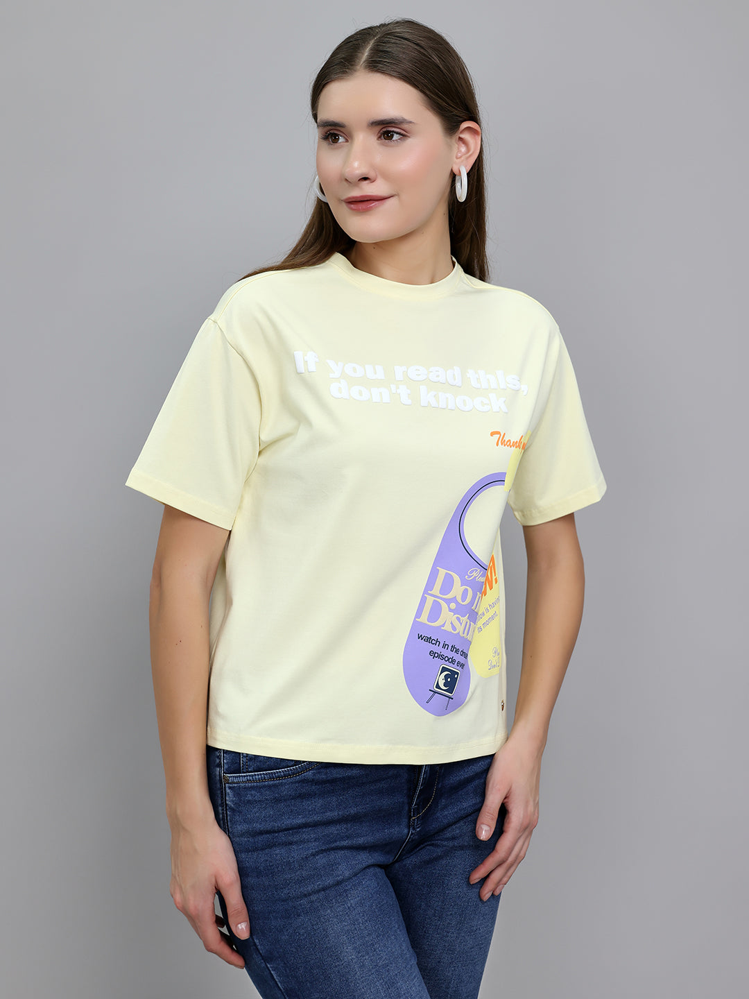 Women Yellow 3D Typography Printed Round Neck Half Sleeve Top