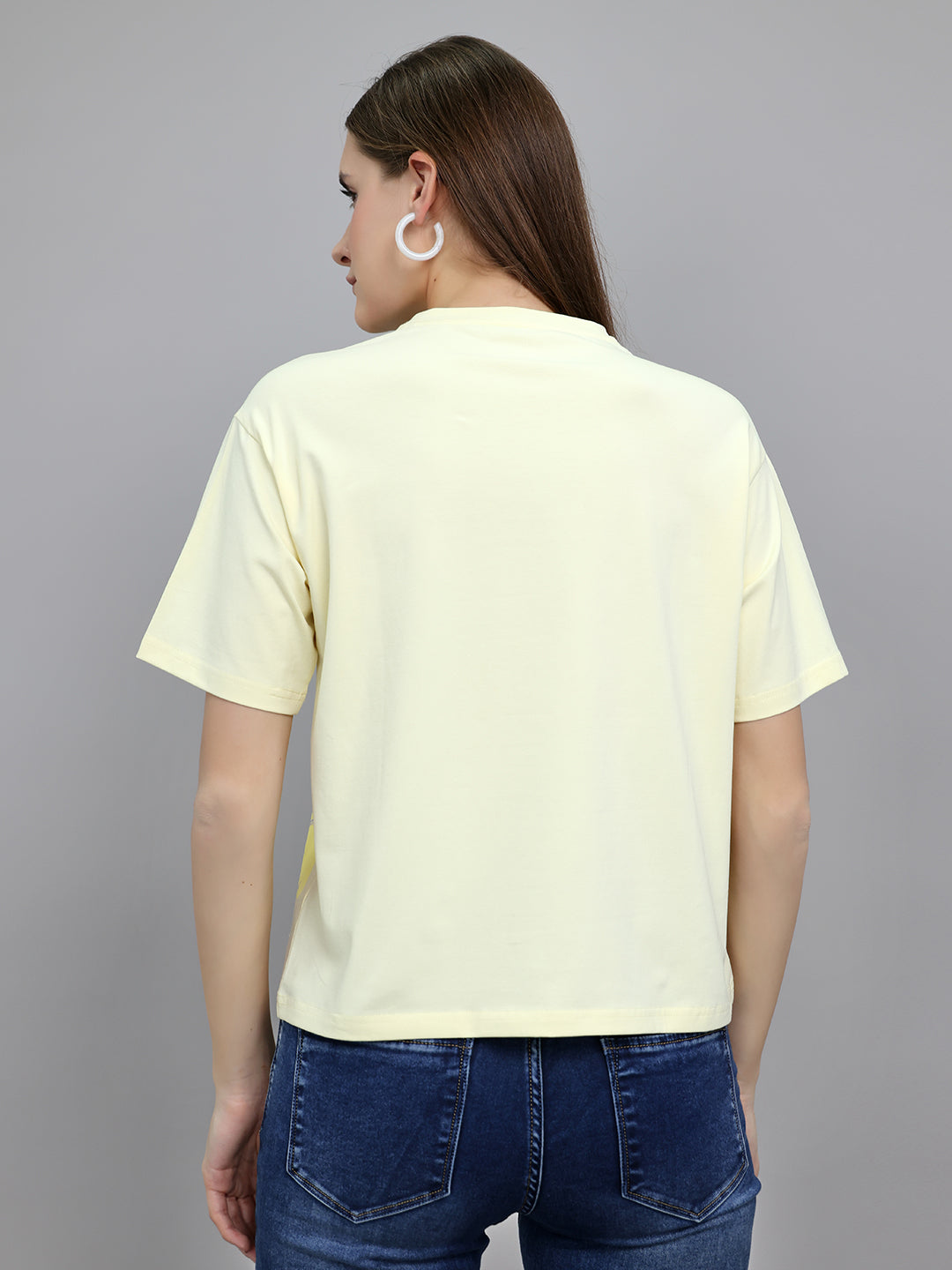 Women Yellow 3D Typography Printed Round Neck Half Sleeve Top