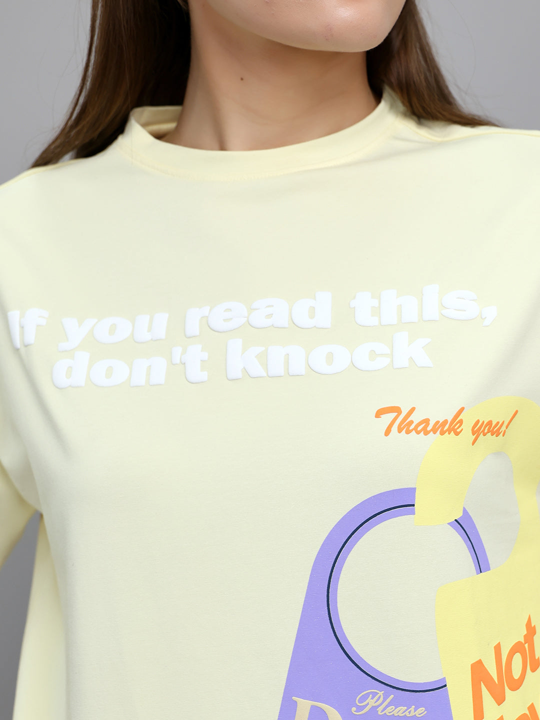 Women Yellow 3D Typography Printed Round Neck Half Sleeve Top