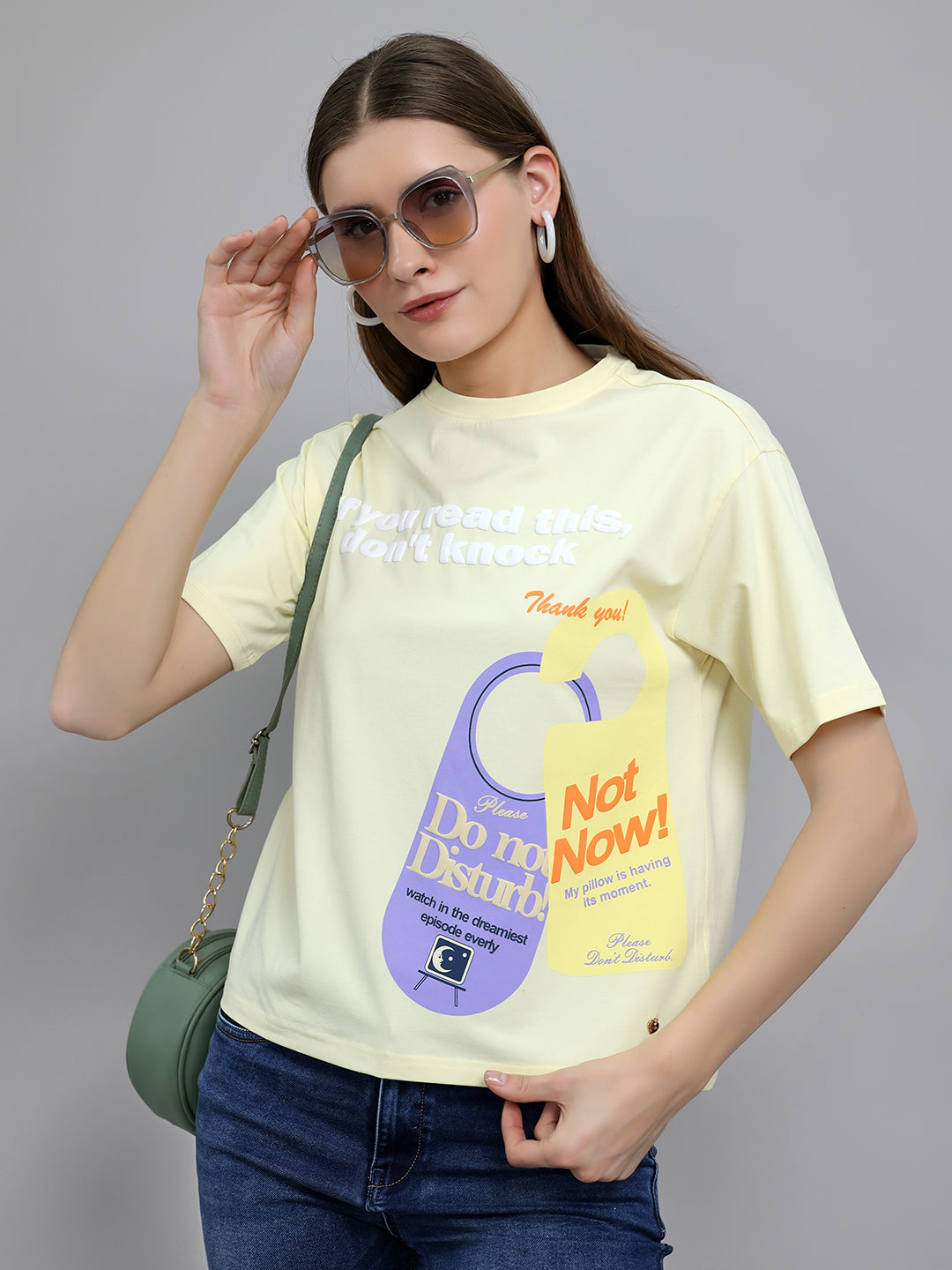 Women Yellow 3D Typography Printed Round Neck Half Sleeve Top