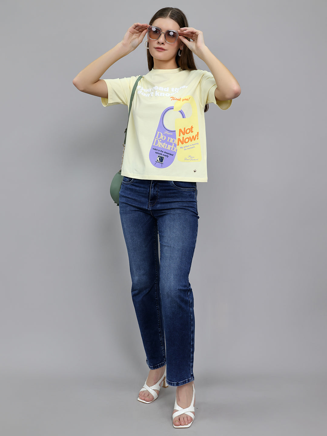Women Yellow 3D Typography Printed Round Neck Half Sleeve Top