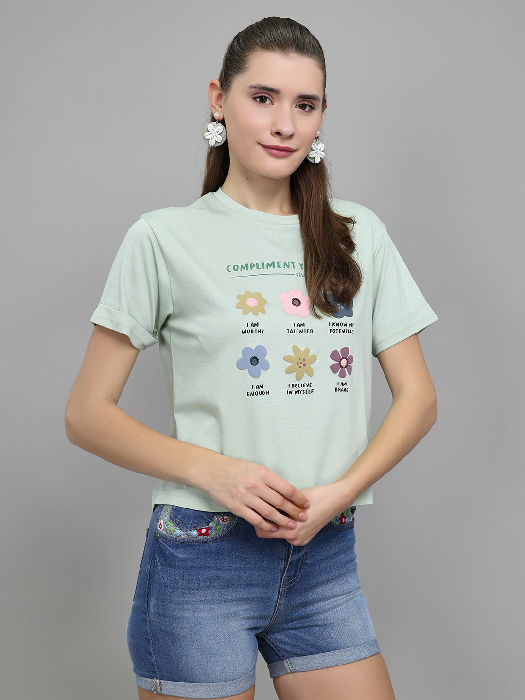 Women Light Green Printed Round Neck Half Sleeve Top