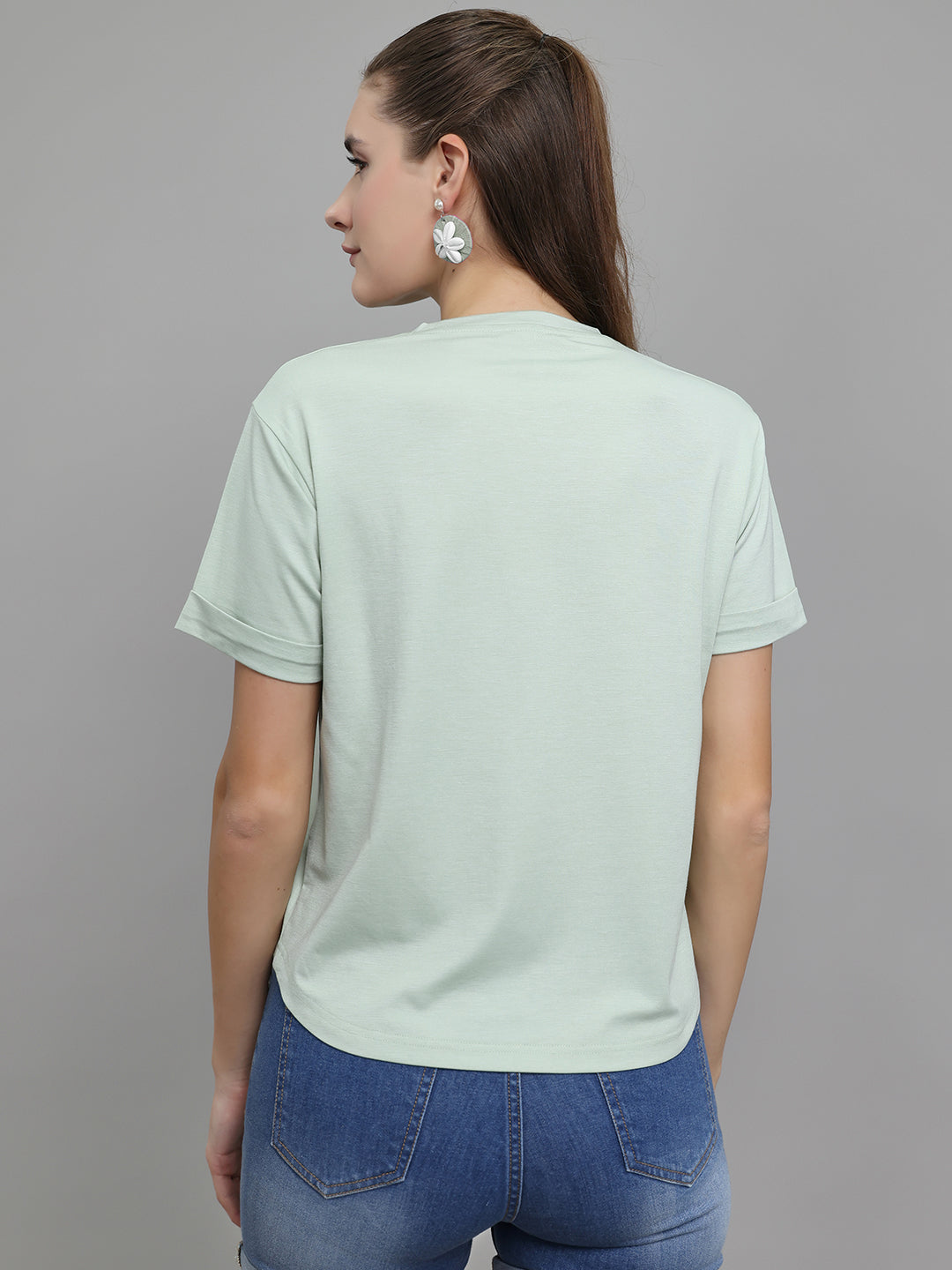 Women Light Green Printed Round Neck Half Sleeve Top