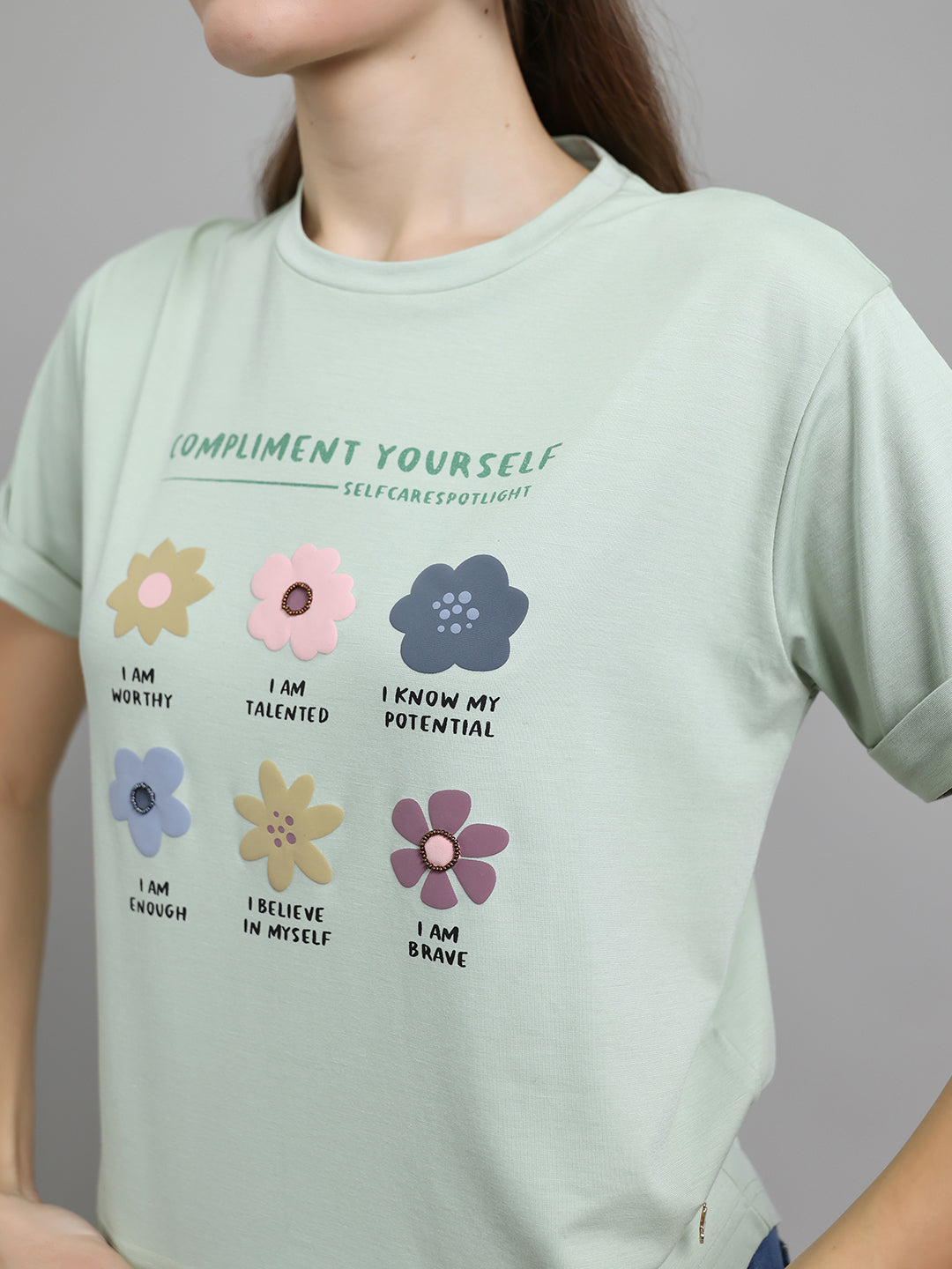 Women Light Green Printed Round Neck Half Sleeve Top