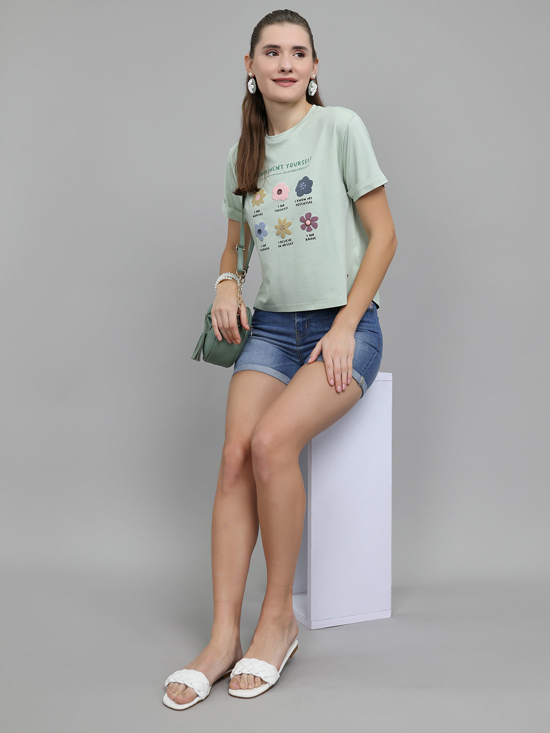 Women Light Green Printed Round Neck Half Sleeve Top