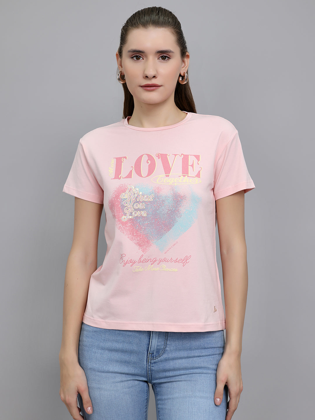 Women Pink Printed Round Neck Half Sleeve Top
