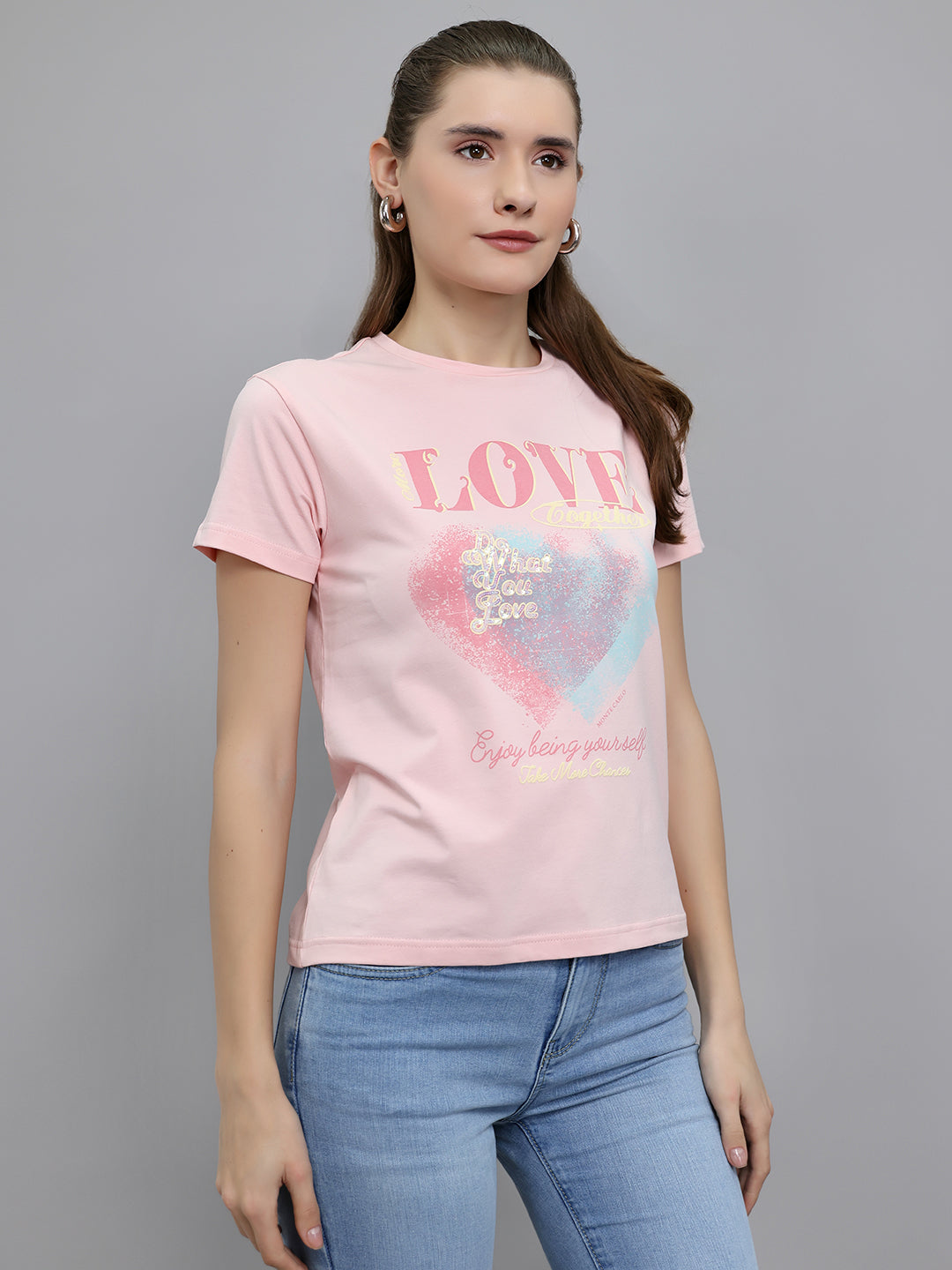 Women Pink Printed Round Neck Half Sleeve Top