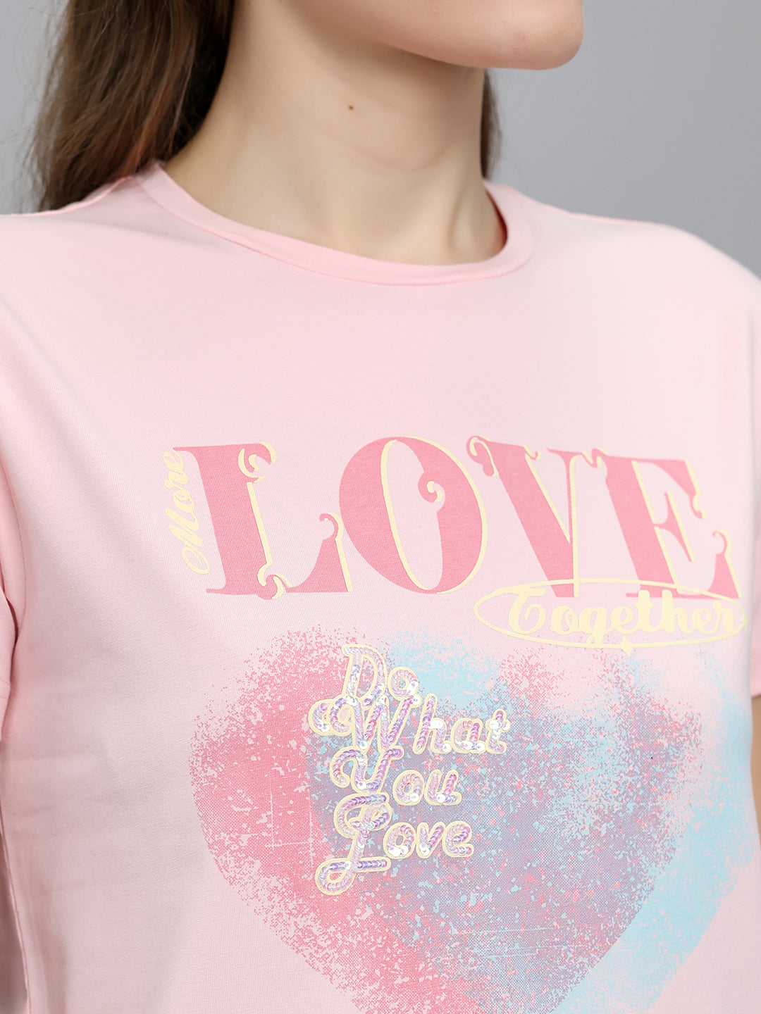 Women Pink Printed Round Neck Half Sleeve Top