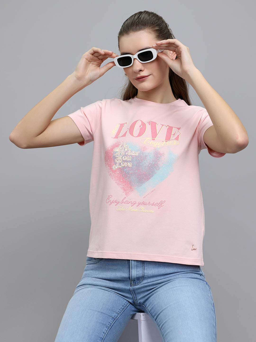Women Pink Printed Round Neck Half Sleeve Top