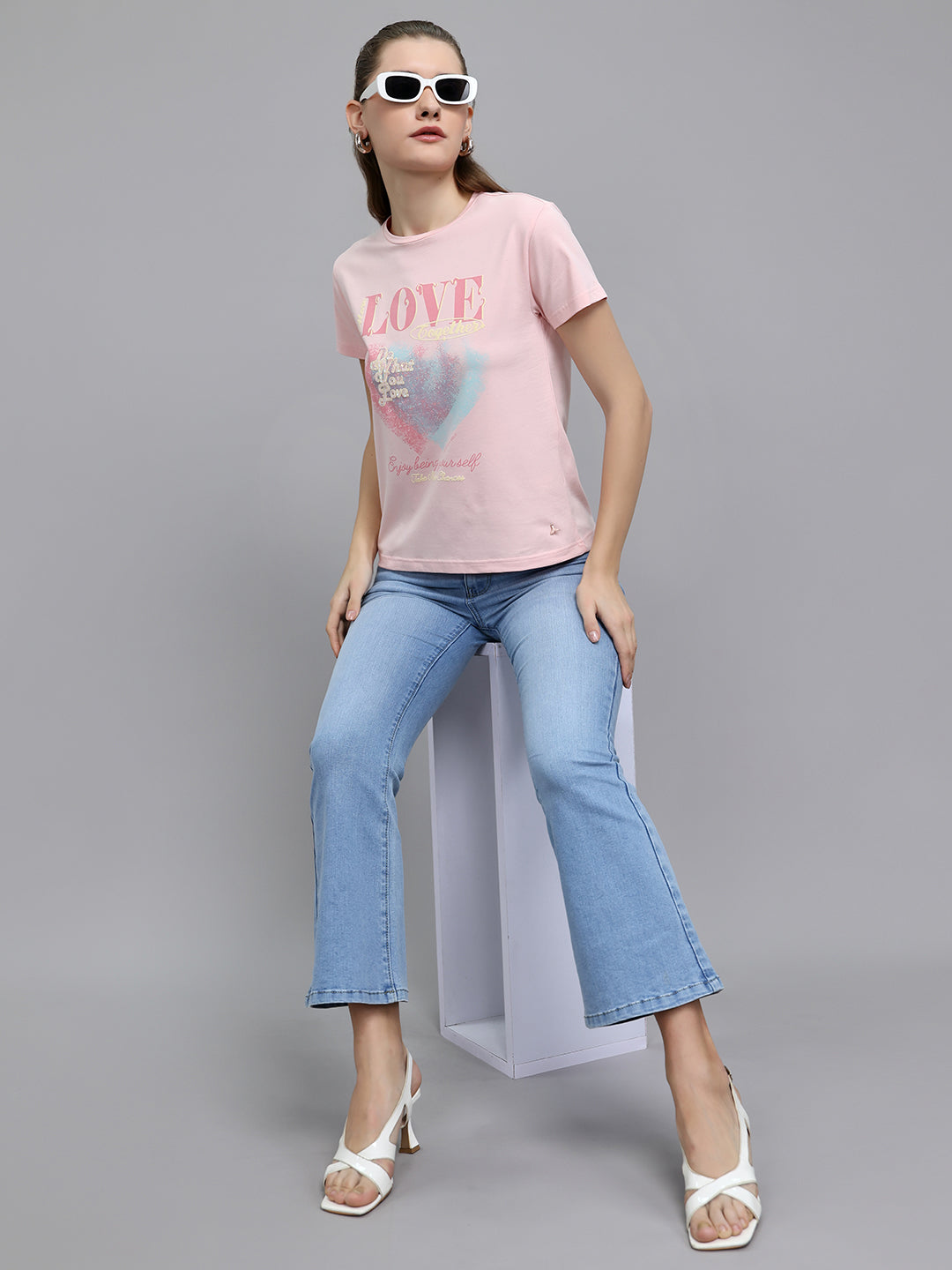 Women Pink Printed Round Neck Half Sleeve Top