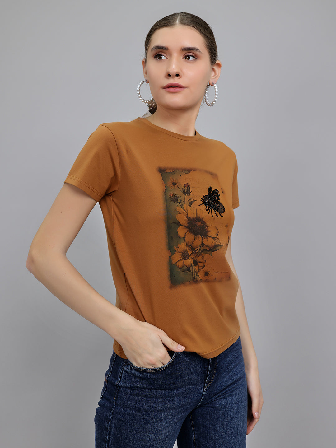 Women Brown Printed Round Neck Half Sleeve Top