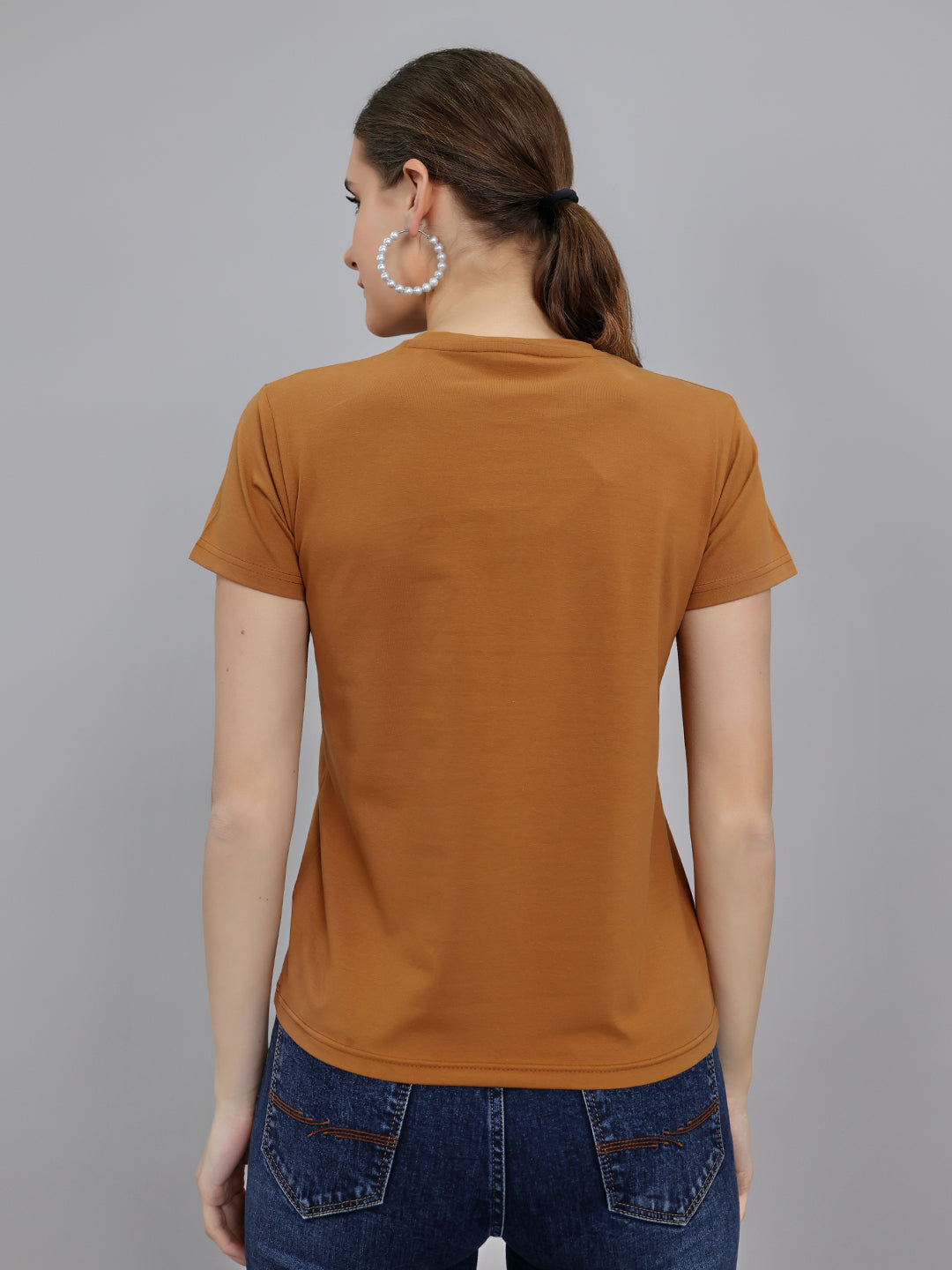 Women Brown Printed Round Neck Half Sleeve Top