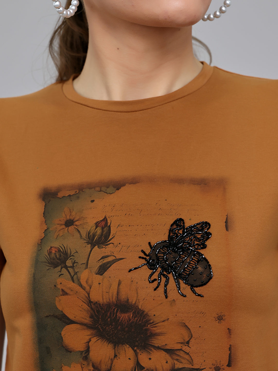 Women Brown Printed Round Neck Half Sleeve Top