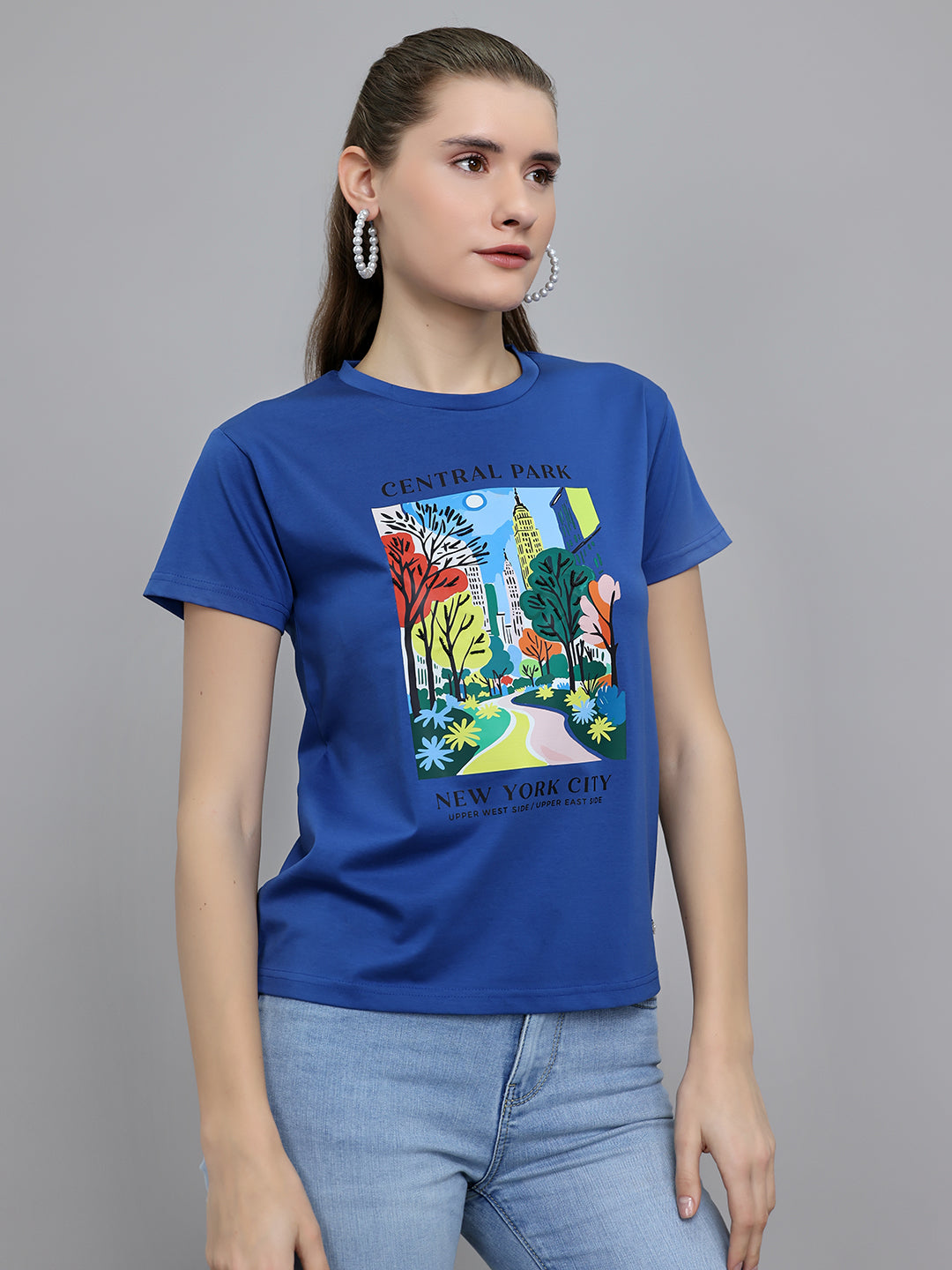 Women Blue Printed Round Neck Half Sleeve Top