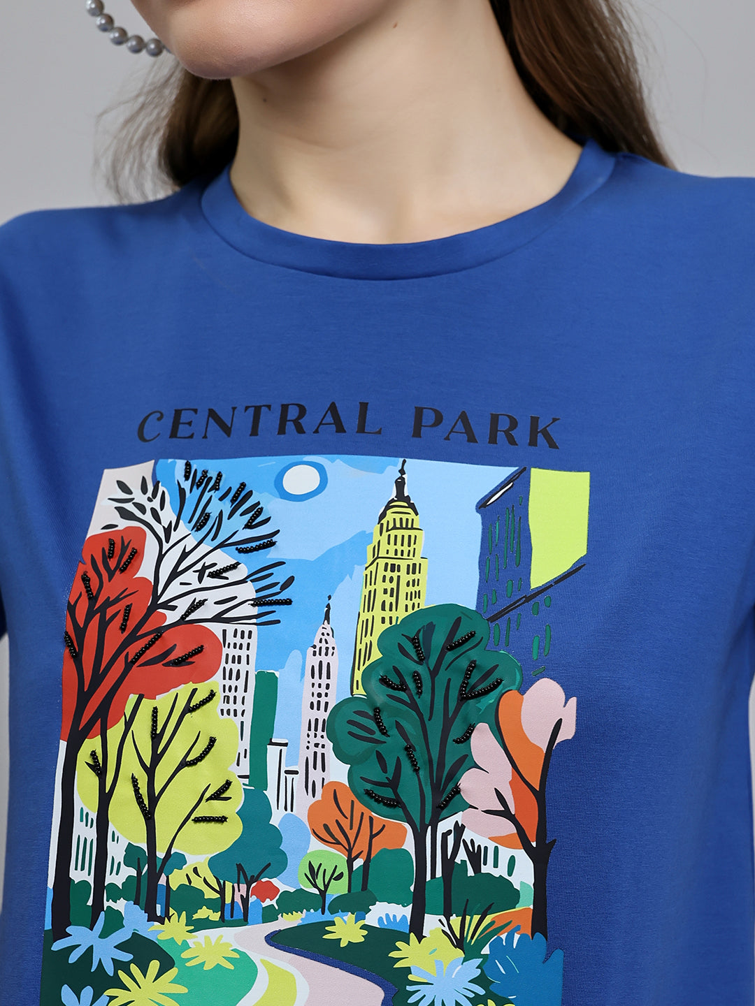 Women Blue Printed Round Neck Half Sleeve Top