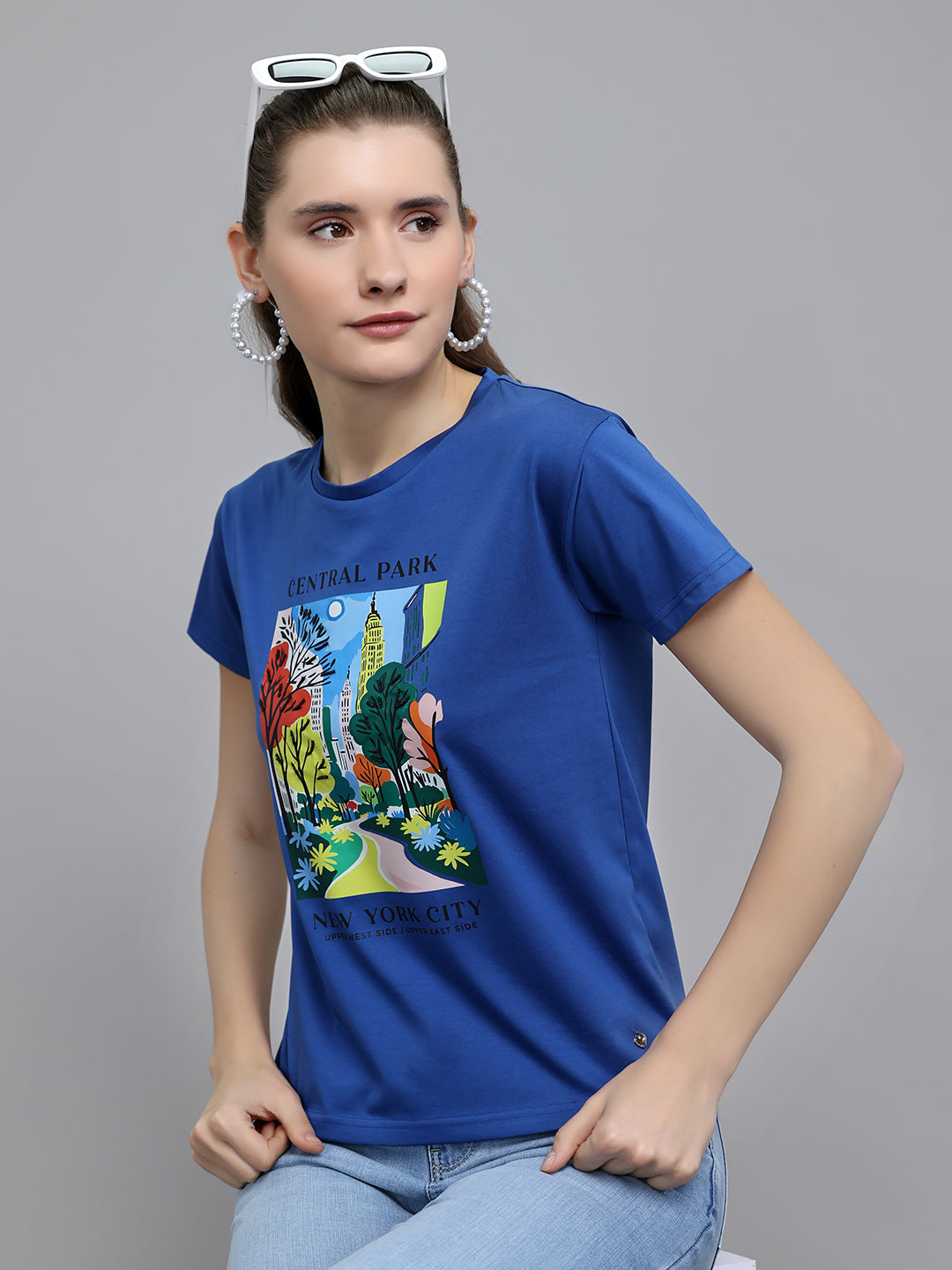 Women Blue Printed Round Neck Half Sleeve Top