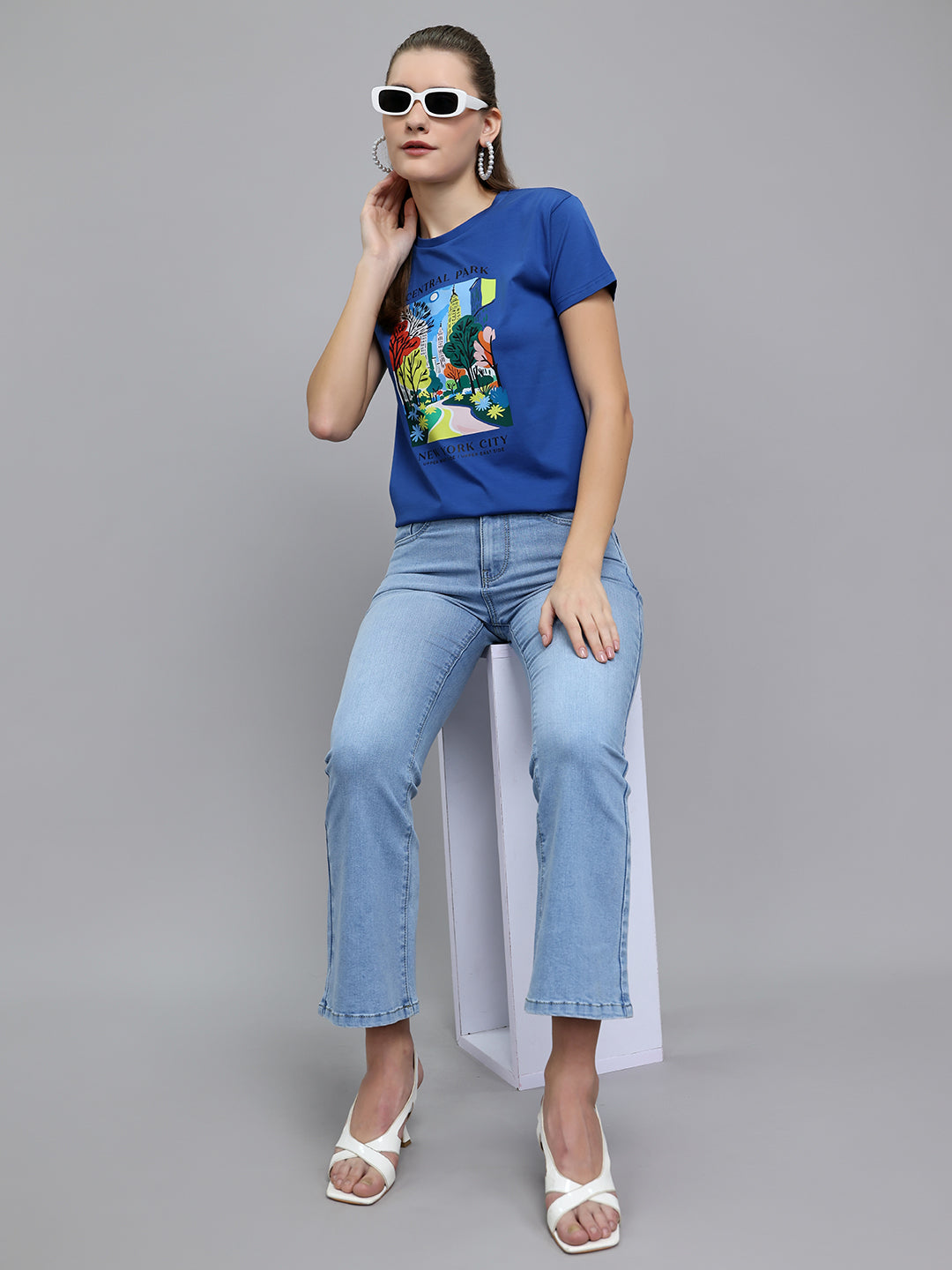 Women Blue Printed Round Neck Half Sleeve Top