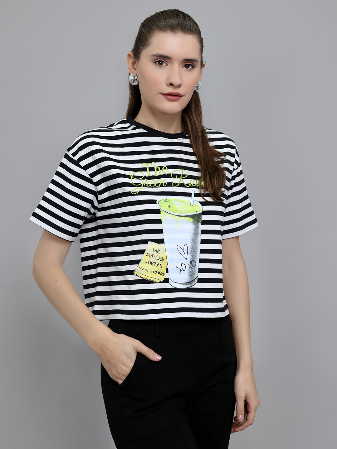 Women Black Printed Round Neck Half Sleeve Top
