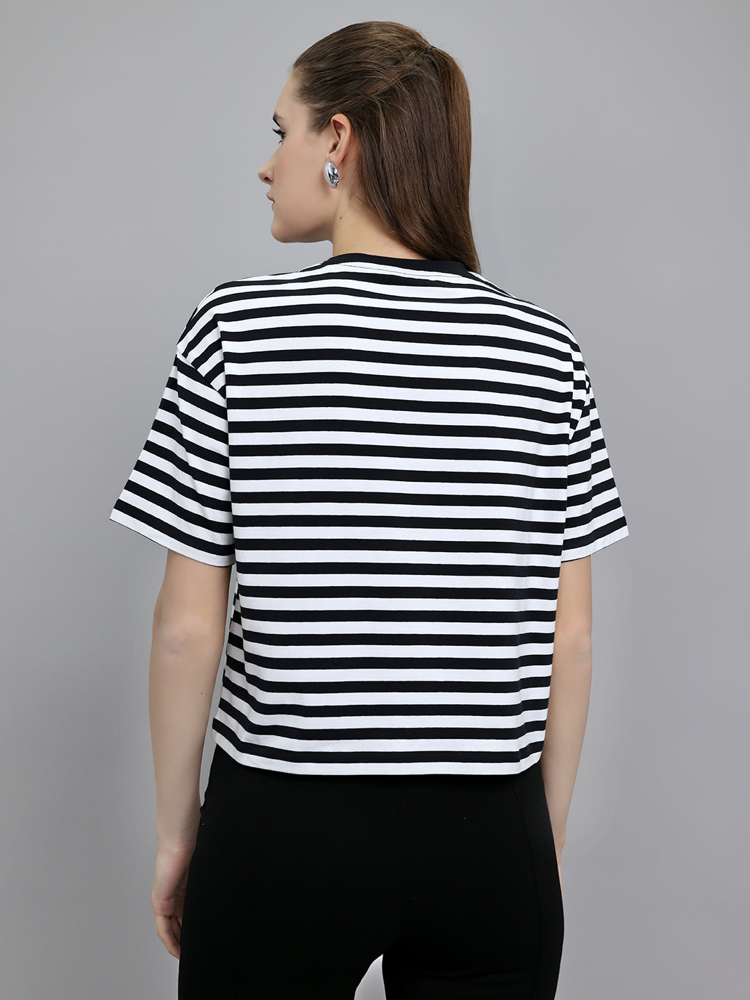 Women Black Printed Round Neck Half Sleeve Top