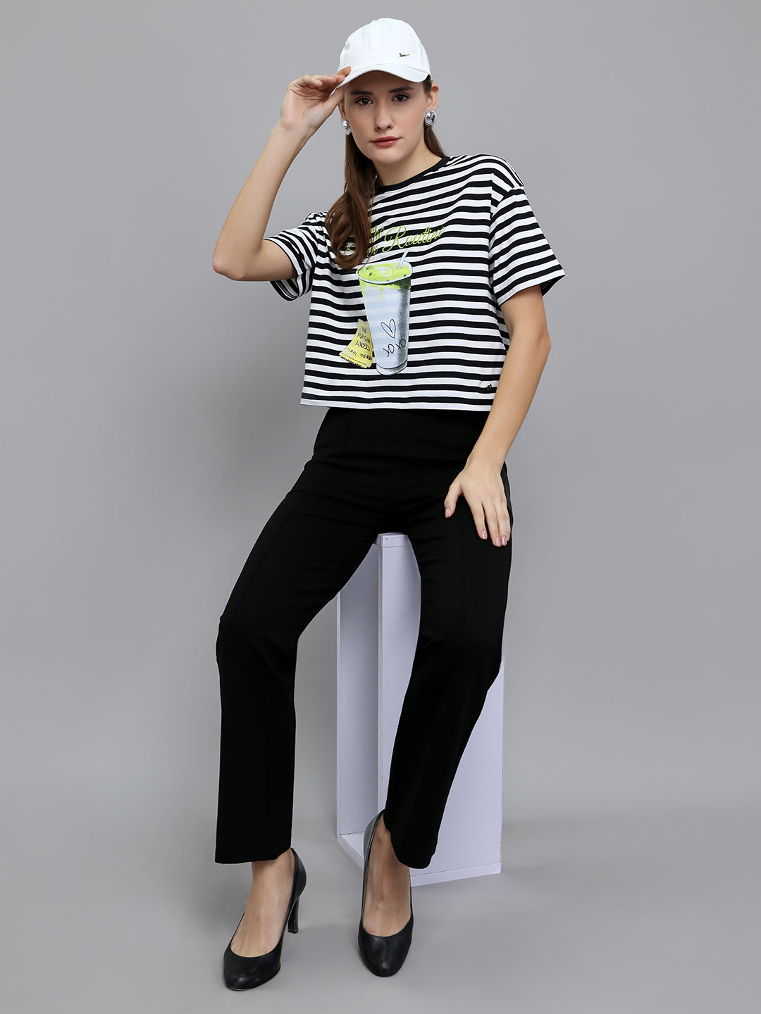 Women Black Printed Round Neck Half Sleeve Top
