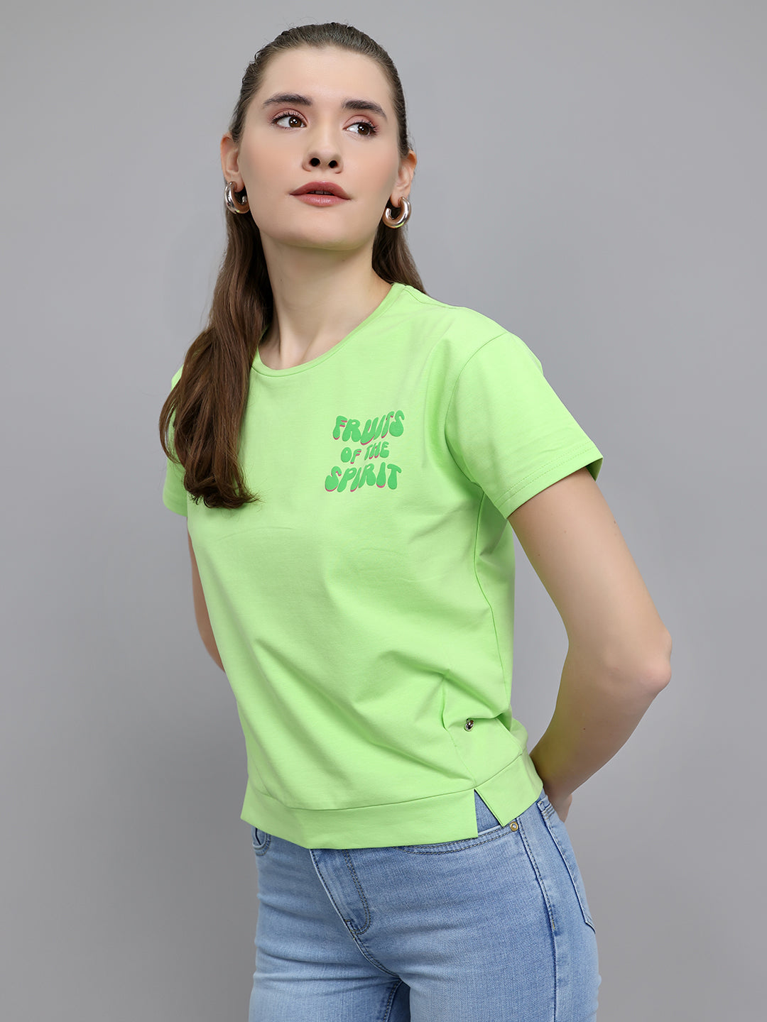 Women Fluorescent Green Printed Round Neck Half Sleeve Top