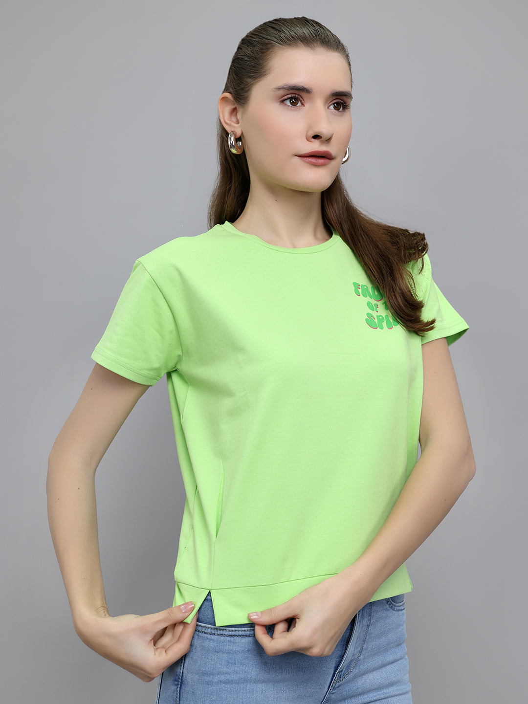 Women Fluorescent Green Printed Round Neck Half Sleeve Top
