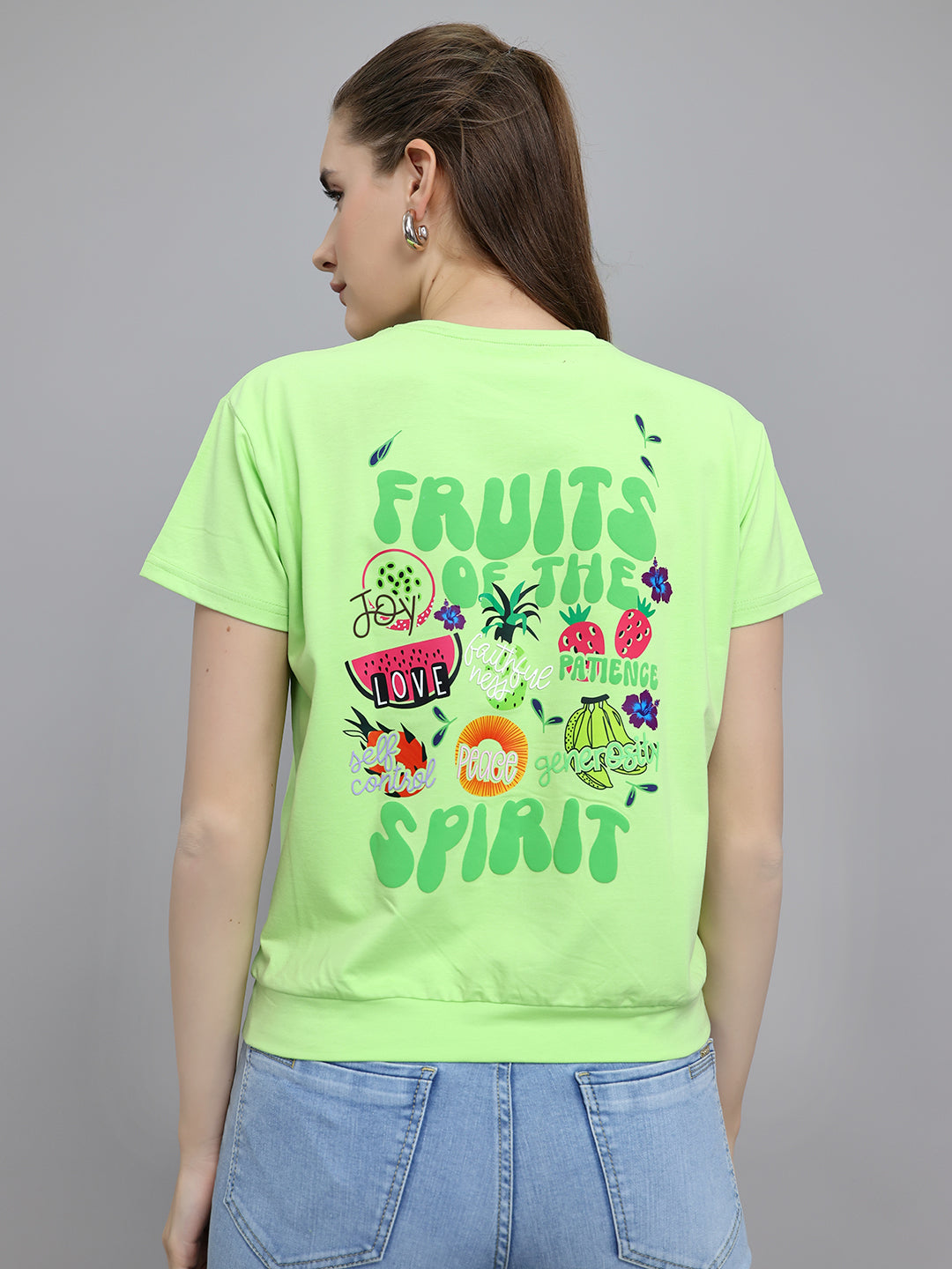 Women Fluorescent Green Printed Round Neck Half Sleeve Top